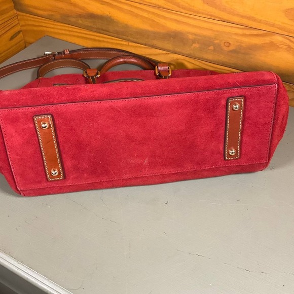 Dooney & Bourke Suede Zip Satchel Crossbody Bag Red Double Handle Pockets Footed - Picture 11 of 11